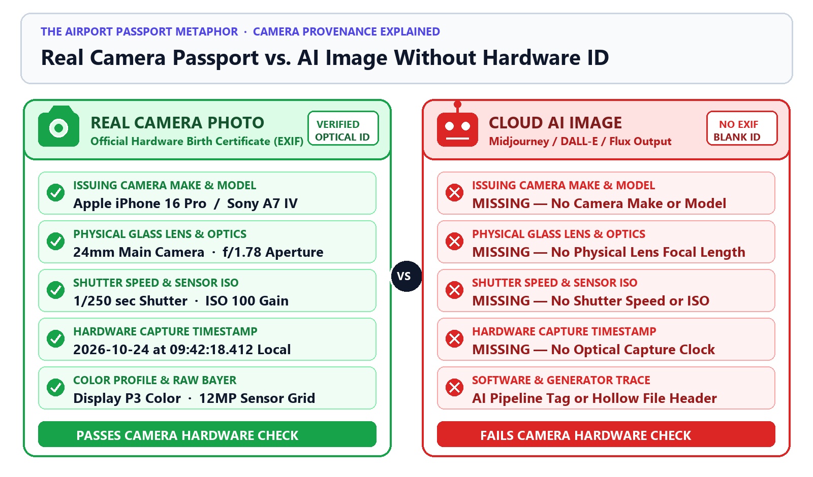 Side by side comparison of a Real Camera Photo EXIF passport and a Cloud AI Image with missing hardware fields